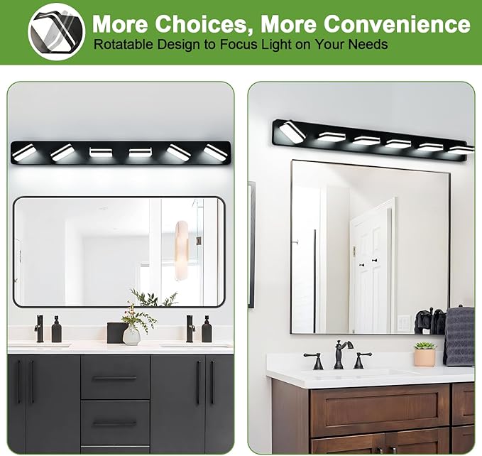 3000LM LED Modern Bathroom Vanity Light Fixtures, 360° Rotate Acrylic Matte Black Vanity Lights for Bathroom, Modern Wall Lighting Fixtures Over Mirror Kitchen Living Room (Natural White Light 5000K)