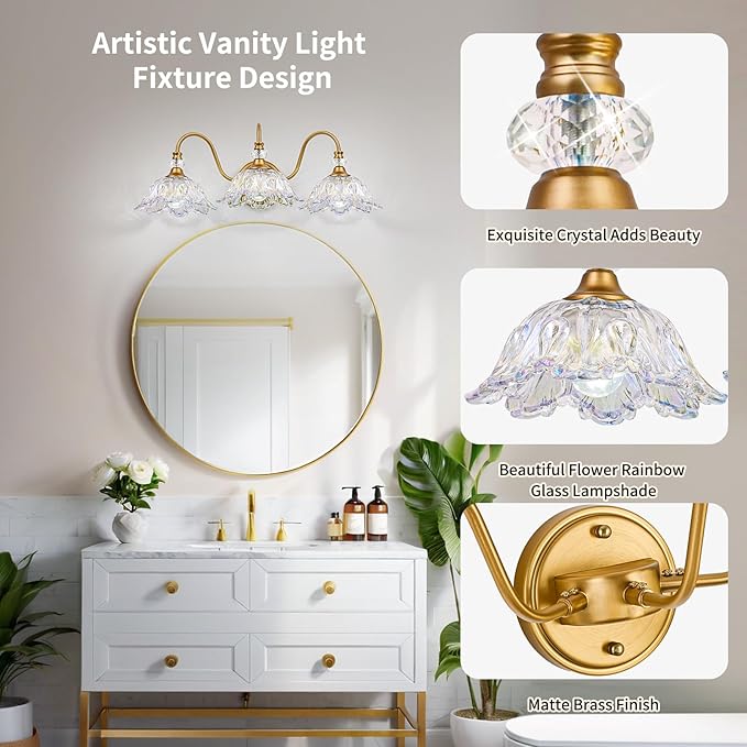 Vintage Bathroom Vanity Light, 3-Light Matte Brass Finish Vanity Light with Flower-Shaped Rainbow Glass Shades, Retro Wall Sconce for Bathroom