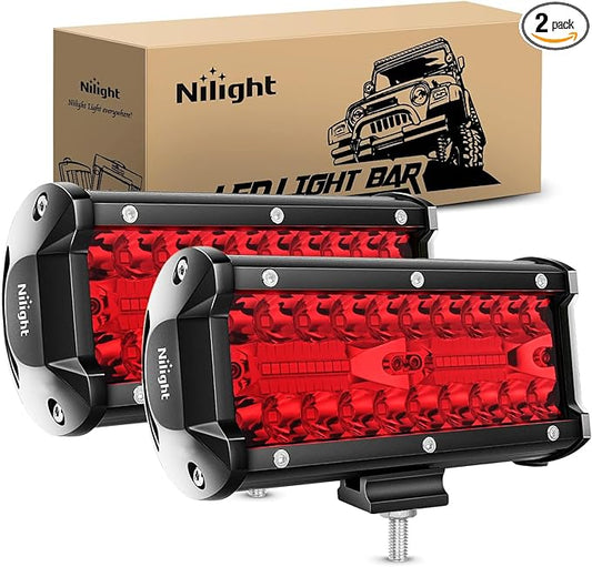 Nilight 6.5 Inch LED Light Pod Red Triple Row 2PCS 120W Flood Spot Combo Driving Fog Fishing Hunting Emergency Safety Signal Deck Trailer Lighting for UTV Pick-up Van Boat Tractor