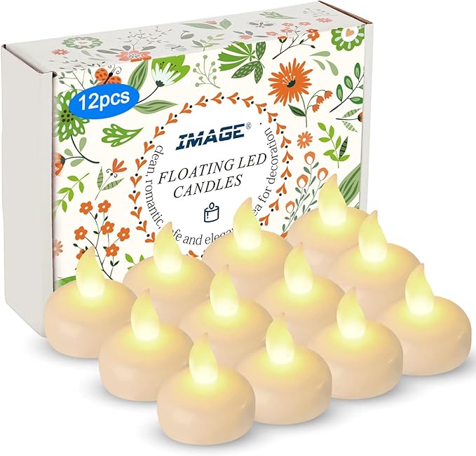 IMAGE Floating Candles, Flameless Floating LED Tea Lights 12 Pack Waterproof Tealight Candles for Wedding Party Spa Home Indoor Outdoor Decor-Warm White