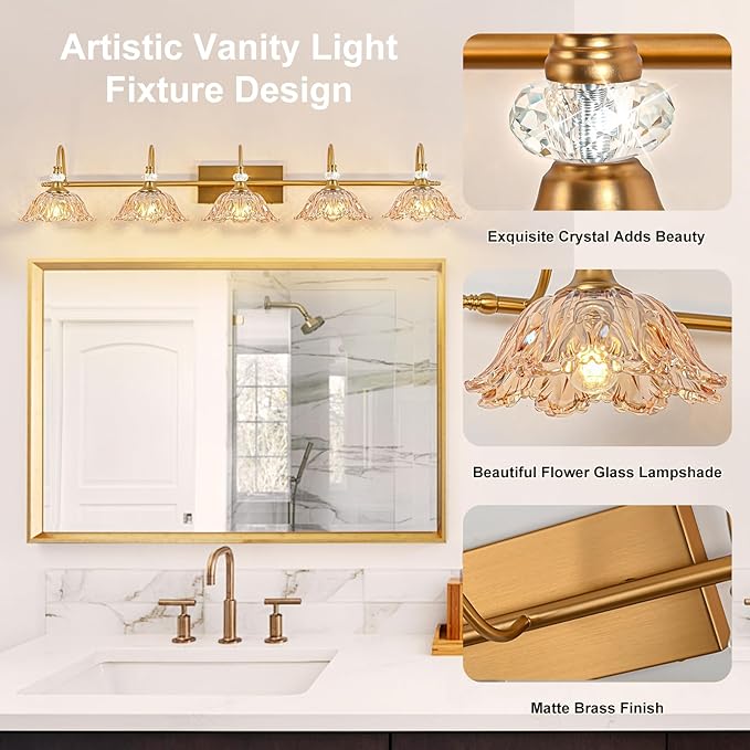Vintage Bathroom Vanity Light, 5-Light Matte Brass Finish Vanity Light with Floral Amber Glass Shades, Retro Wall Mount Lighting for Bathroom, Living Room