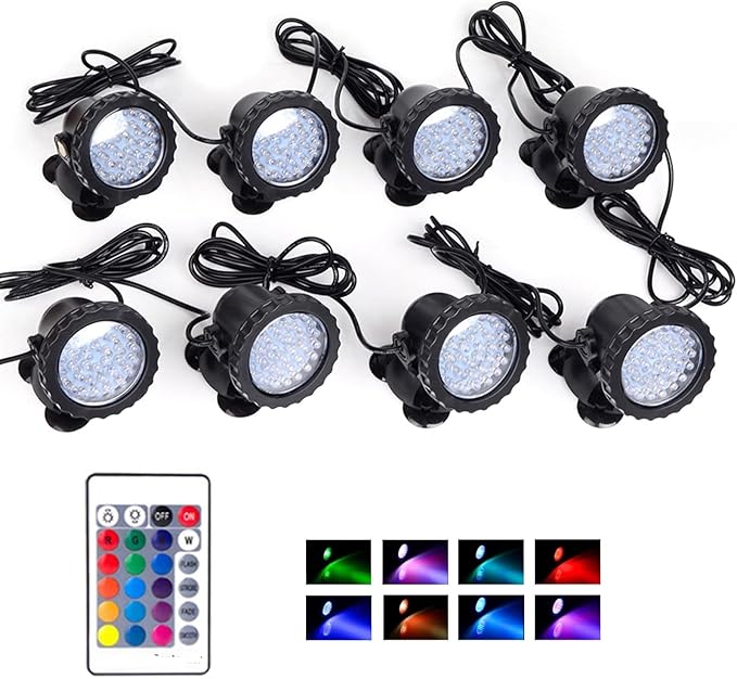 SHOYO Fountain Lights Colored with Timer, Pond Lights Underwater Submersible Memory Dimmable IP68 Waterproof Spotlights for Outdoor Garden Yard Lawn Water Pond Fountain, 8 in Set