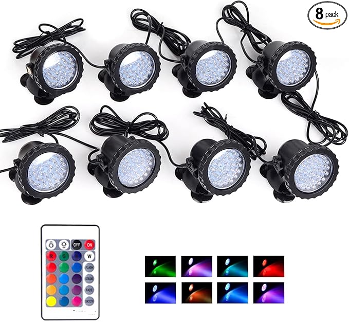 SHOYO Underwater Pond Lights, Colored Submersible Spot Lights, 36 LED Spotlight for Yard IP68 Waterproof Remote Control Multi-Color Dimmable Adjustable for Outdoor Fountain Landscape, Set of 8