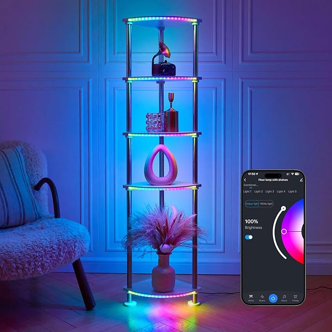 Floor Lamp with Shelves Height Adjustable Music Sync LED Corner Floor Lamp with Charging Stationl Dimmable and Timing RGB Standing Lamp for Christmas Gifts White 5-Tier