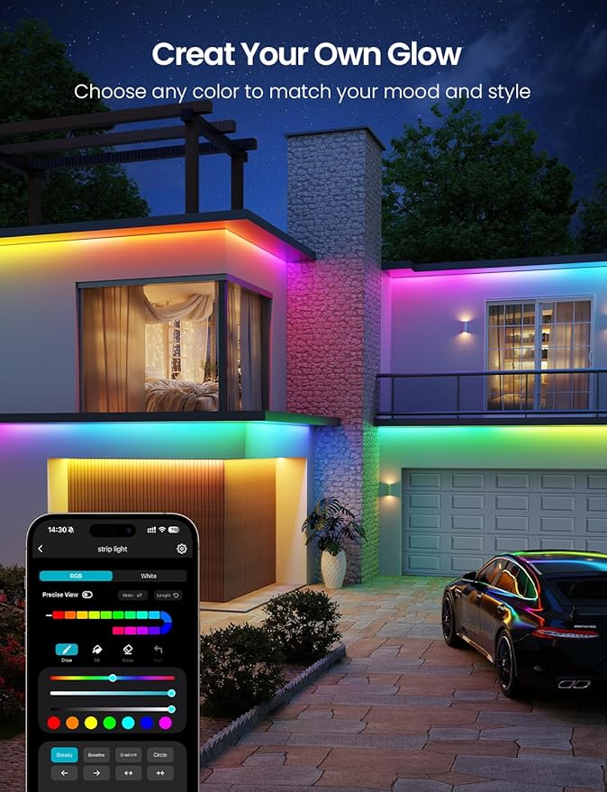 Lepro SW1 AI Smart Outdoor LED Strip Lights - 32.8ft IP65 Waterproof RGBCW Light Strips, 2700K-5700K Tunable Warm White, APP Control(No Remote), 2.4G Wi-Fi Lights for Holiday Decor, House, Porch, Eave