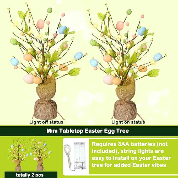 Marsui 2 Pcs Easter Egg Tree Decorations 18 Inch Pre Lit Easter Egg Tree Tabletop Decor with LED Light Spring Party Decoration Gifts for Home Table Centerpieces Pastel Blue Pink Yellow