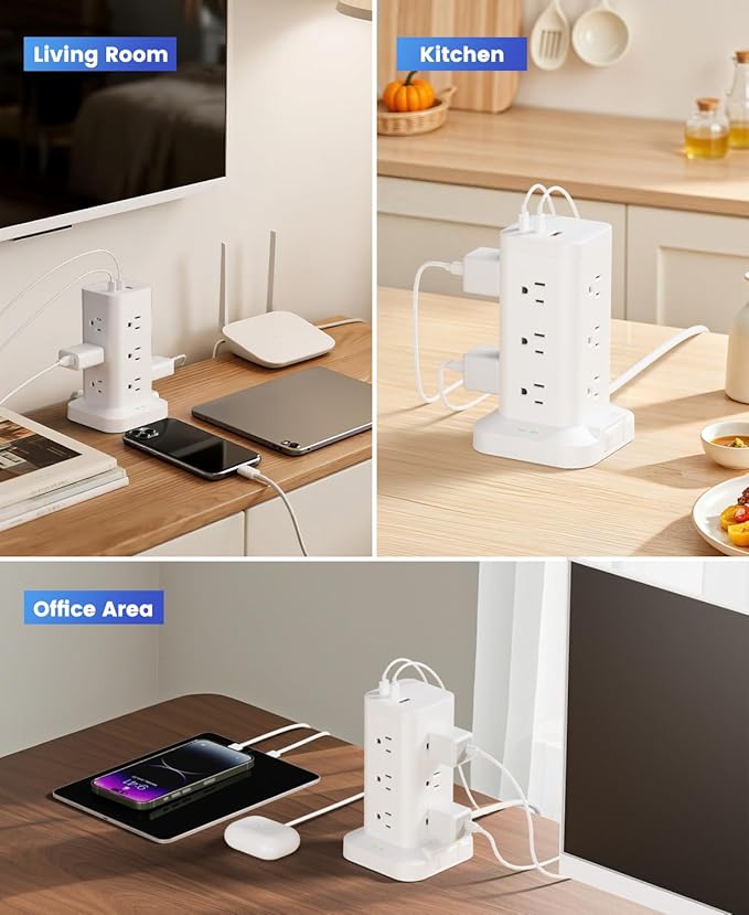 Power Strip Tower with Surge Protector 1800J, Fast Charging PD20W USB-C Ports with 12 AC Outlet Extenders, 10ft Extension Cord for Home Office Dorm Room Essentials, White