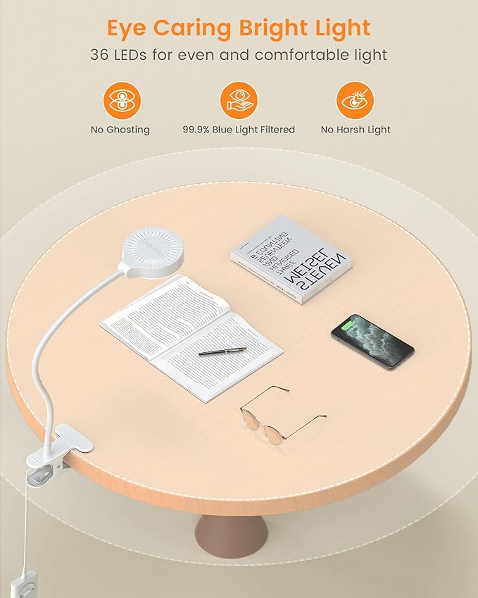 Glocusent 5W Reading Light for Bed, 36 LED Eye Caring Bed Lamp, 3 Colors & 5 Brightness Levels for Headboard with Adapter, Perfect Clip on Light for Reading, Working & Studying (White with Remote)
