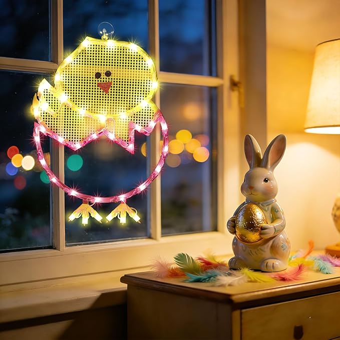 17" 40LED Lighted Cartoon Chick Easter Decor, Warm Glow for Window/Mantel, 120V Plug-in, UL Certified, Sturdy Gift Box Packed
