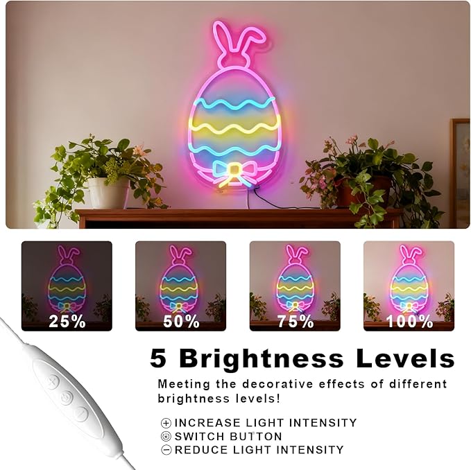 Easter Egg Neon Sign - Hidden Bunny & Colorful Eggs LED Wall Decor, USB Dimmable Spring Decor with Surprise Rabbit Design - Magical Easter Decorations for Home & Party
