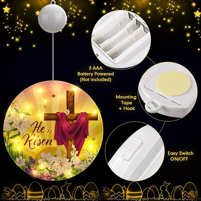 Geelin 11 Inch Easter Window Light He is Risen Decorations Spring Christian Jesus Cross Religious Sign LED Happy Easter Party Supplies for Indoor and Outdoor Farmhouse Wall Decor (Cross)
