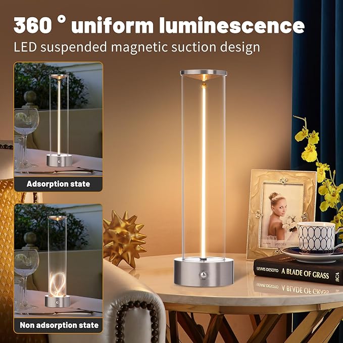 Mini Minimalist Tabe Lamp with Breathing Effect, Cordless LED Desk Lamp Rechargeable Modern Night Lights Portable Lamps for Gaming, Bedroom, Living Room, Kitchen, Bar, Restaurant (Sliver)