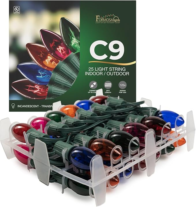 C9 26ft Indoor/Outdoor Transparent Multicolor Incandescent Christmas String Lights with 25 Bulbs and E17 Base | 120V, 7W