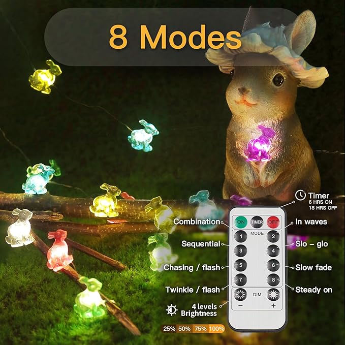 suddus Easter Bunny Battery Operated String Lights, 12.8ft 40LED Waterproof Colorful Easter Fairy Lights with Timer, Easter Lights String Led for Indoor, Tree, Mantle, Table, Outdoor, Spring Decor