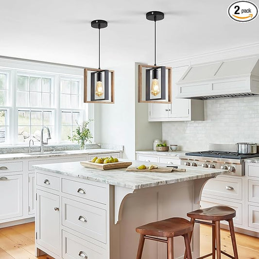 2 Pack Farmhouse Pendant Light Fixture, Black Kitchen Island Pendant Lights, Industrial Metal and Vintage Wood Hanging Light, Adjustable Height Rustic Ceiling Lamp for Entryway, Dining Room, Foyer