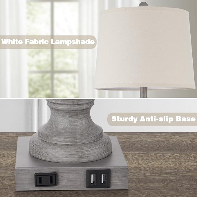 Farmhouse Table Lamps Set of 2, Rustic 25" Touch Control Bedside Lamps with 2 USB Ports & AC Outlet, Vintage 3-Way Dimmable Nightstand Lamp Linen Fabric Shade for Living Room Bedroom End Table Decor