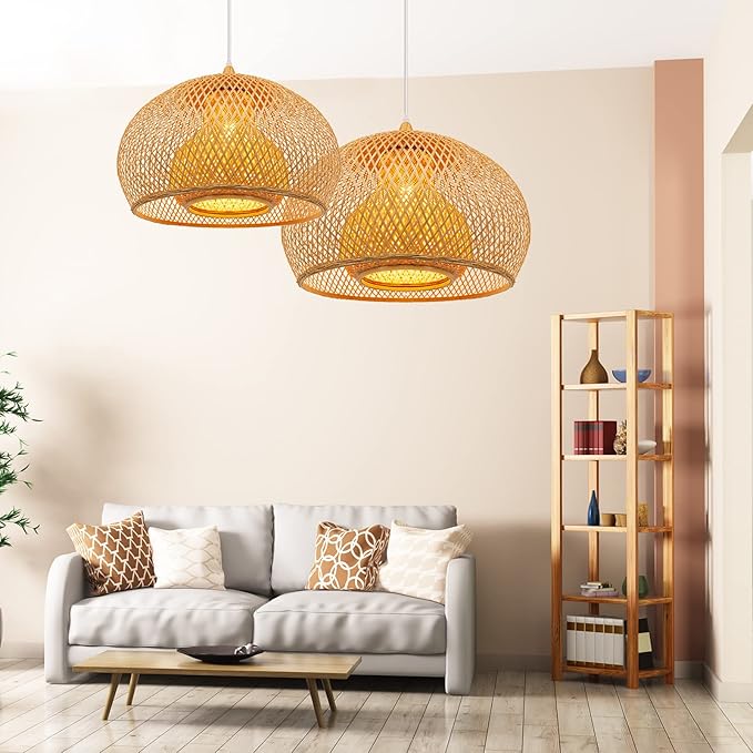 Arturesthome 1 Light Weaving Bamboo Pendant Light for Kitchen Island, Wicker Chandelier,Handmade Woven Hanging Ceiling Light Lampshade for Living Room Bedroom