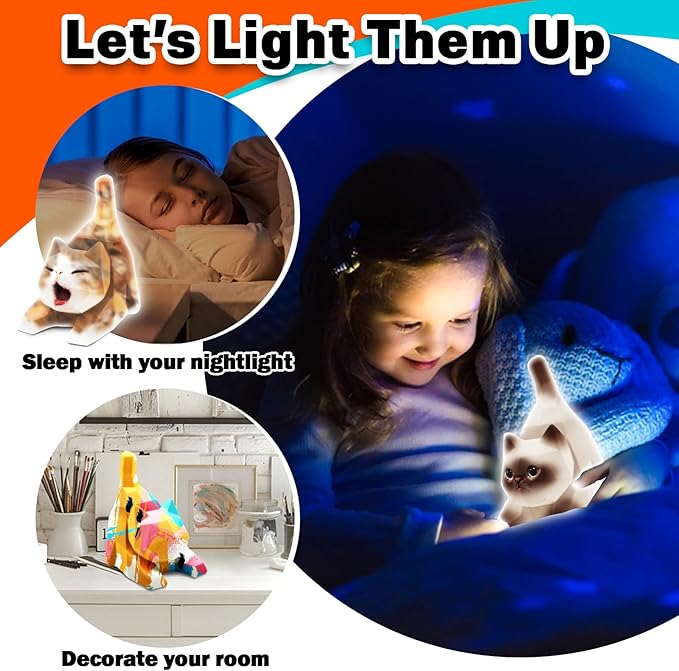 FUNZBO 4.3in Paint Your Own Cat Lamp Kit - Easter Basket Stuffers, Arts and Crafts Supplies Painting for Kids Teens, DIY Night Light Toy for Girls Boys Age 3 4 5 6 7 8 9 10 11 12 13 Birthday Gifts
