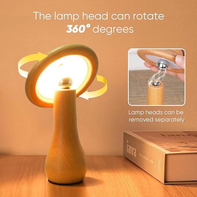 Portable Cordless Touch Switch Small Wooden Mushroom Lamp,Rechargeable Battery Operated, Stepless Dimming, 360 Degree Rotation Angle Adjustable Night Light