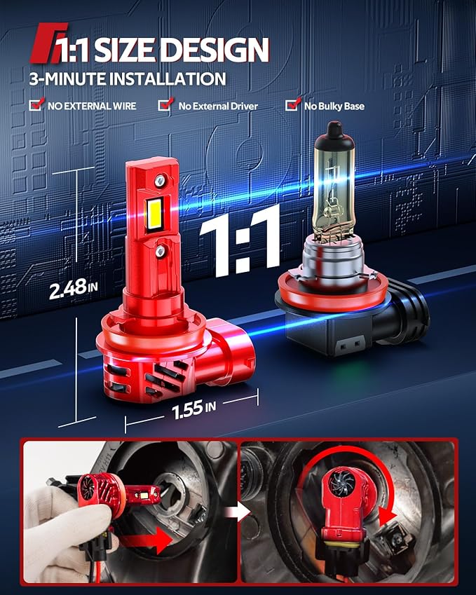 Torchbeam 9005 H11 Bulbs Cambo 90000LM Brightness With Extra Wide View, Canbus Ready 6500K 9005 H11 Fog Lamps 50000+ Hours Wireless Easy Installation, Pack of 4