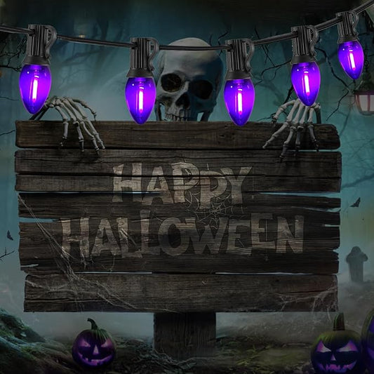C7 Purple Halloween Lights Outdoor Indoor, 10FT Waterproof LED String Lights with Black Wire for Patio, Window, Door, Party Backdrop Décor