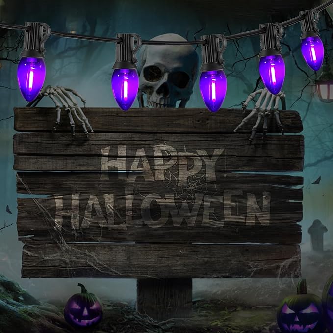 12FT Purple Halloween Lights Outdoor, C7 LED String Lights Plug in with Black Wire for Porch Railing, Walkway, Fence, Energy Saving