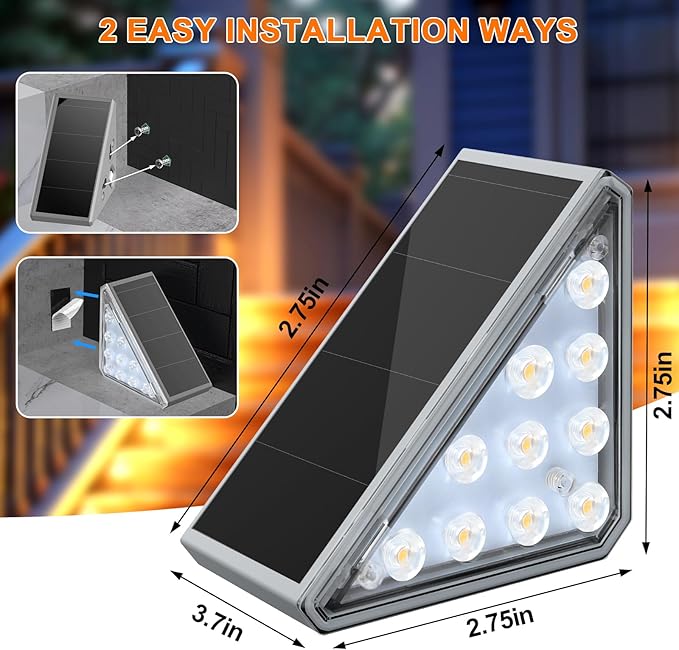 8 Pack Solar Stair Lights, Outdoor Step Lights with Waterproof IP67, Warm White LED Solar Light for Outside Light Decor for Stair, Deck, Front Step, Front Porch, Patio and Backyard