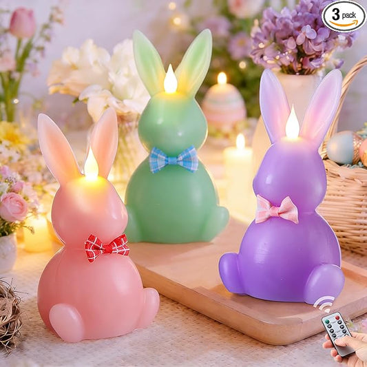 3PCS Easter Bunny Flameless Candles - LED Easter Candles Battery Operated with Remote Timer Rabbit-Shaped Real Wax Pink Purple Green, Spring Party Decoration Centerpiece Table Home Decor