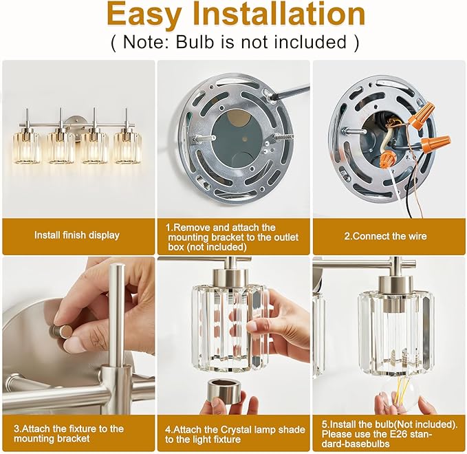 Crystal Bathroom Vanity Lights, 4 Light Bath Mirror Light Brushed Nickel Round Crystal Wall Mount Light Fixture Over Mirror Morden for Living Room