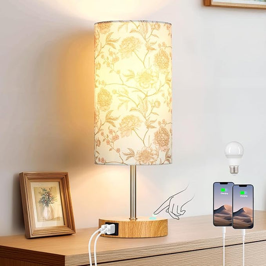 Bedside Touch Lamp with Flower Fabric Shade, 3 Way Dimmable Wood Bedroom Lamp for Nightstand with 2 USB Charging Ports, Small Table Lamp for Living Room Reading Desk (LED Bulb Included)