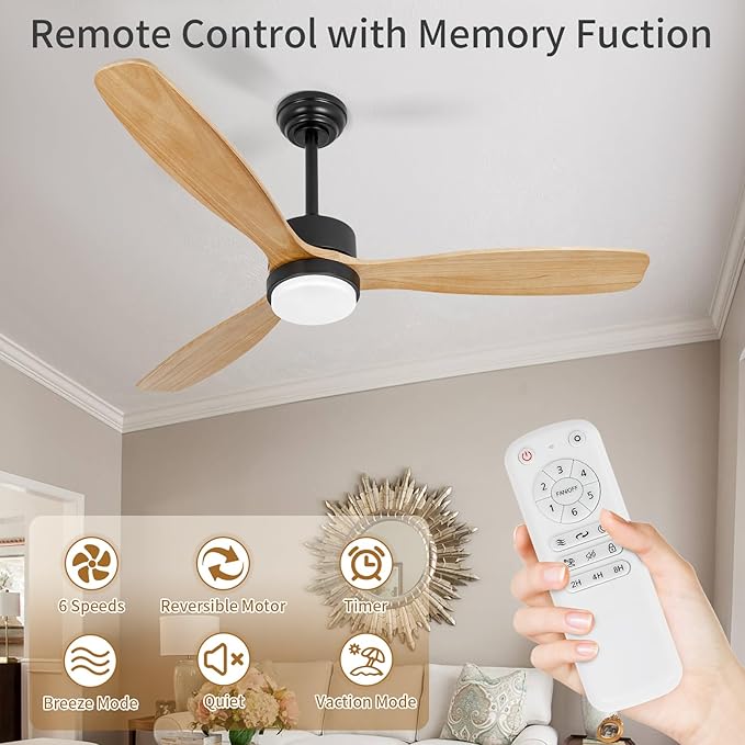 52inches Ceiling Fan with Lights,Wood Downrod Ceiling Fans with Remote Control,Dimmable Light,3 CCT,6 Speeds,Noiseless DC Motor,2 rods,Ceiling Fan for Bedroom,Living Room,Office,Indoor