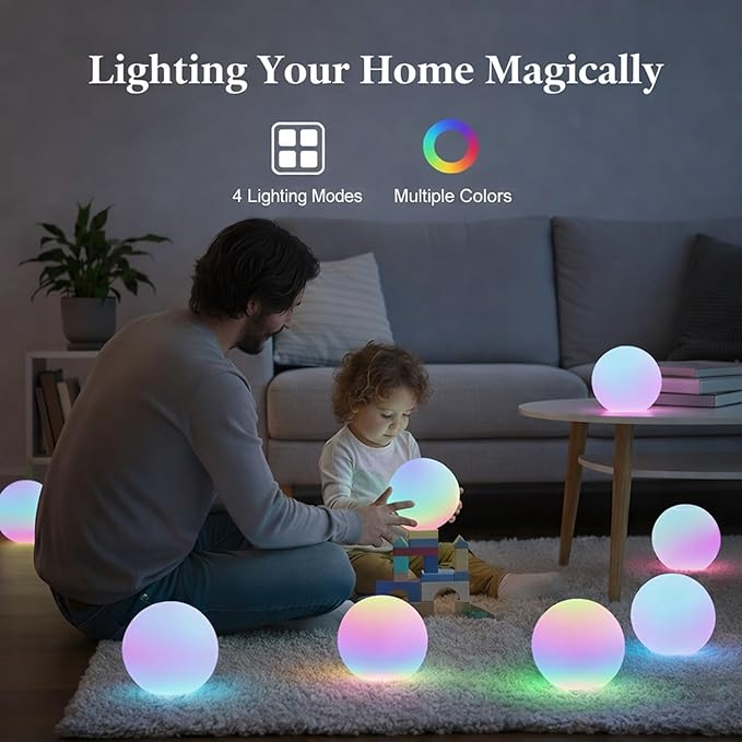 4 Pack 3-inch Smart Sphere Night Light, Rechargeable LED Ball Lights, 16 RGB Color Change Mood Lighting, Waterpro Battery Ideal for Pool Bedroom Kids Room Party and Holiday Ambient Lighting