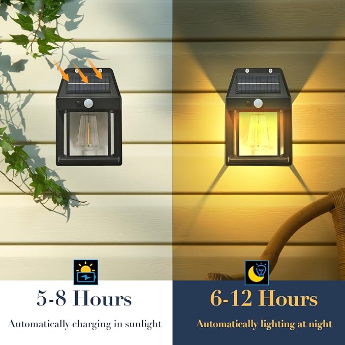 2-Pack 6.8" H Outdoor Solar Wall Light Motion Sensor Porch Flood Dawn Lighting 3 Lights Modes for Patio Garage Shed Barn Door Yard Outside Decorative Waterproot,- Black.