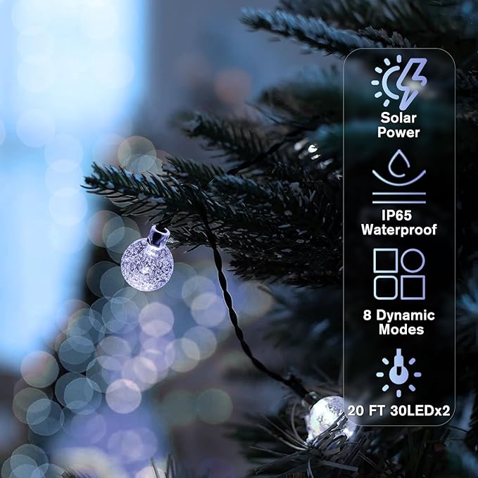 Metaku 2 Pack Solar String Lights for Outside, Total 40FT 60 LED Crystal Globe String Lights, Solar Powered Outdoor Lights with 8 Lighting Modes, Patio Light for Garden, Camping and Party Cool White
