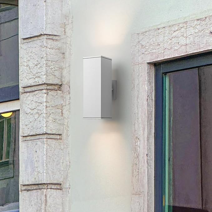 mirrea 14" Modern Outdoor Porch Light Patio Light in 2 Lights with Aluminum Rectangular Tube and Tempered Glass Cover Waterproof Wall Sconce 2 Pack (Matte White)