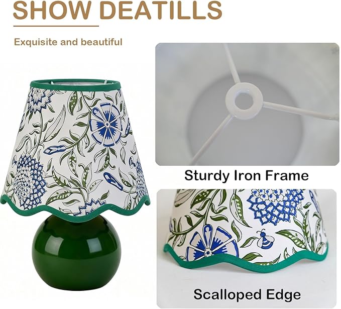 Scalloped Lamp Shades Set of 2, 5" Top x 9" Bottom x 7" Slant Chandelier Shades Green Scallop Lampshades for Vintage Farmhouse Table Bedroom Home Decor
