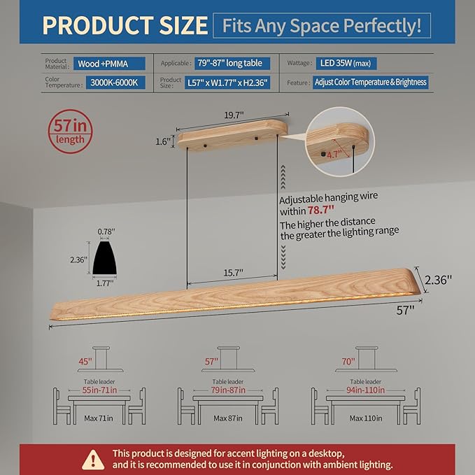 Wood Linear Pendant Light, Dimmable Kitchen Island Lighting with Remote, 35W LED Island Lights for Kitchen, Adjustable Linear Chandelier for Dinning Room Light Fixture (Natural Ash, 57inch)