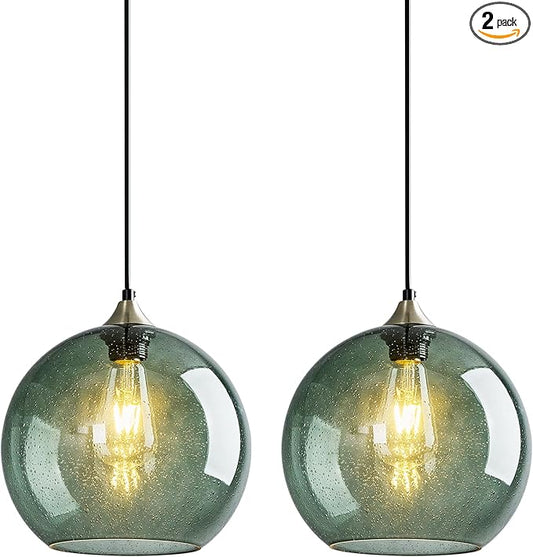 Gray Green Glass Pendant Lights Kitchen Island Lighting Globe Pendant Light Fixtures Modern Pendant Lighting for Kitchen Island Bedroom Living Dining Room Light Fixture(9.84in, 2-Pack)