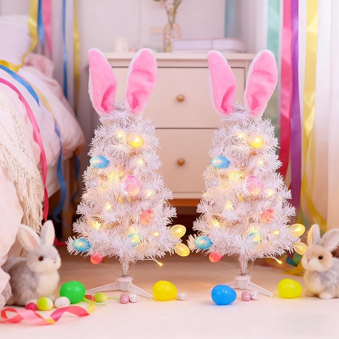 Dynaming 2 Pack Easter Table Decorations, 23 Inch Lighted Easter Bunny White Tree, Pre-lit Artificial Tabletop Tree with Ears & Eggs, Battery Operated Light Up for Indoor Spring Home Bedroom Decor