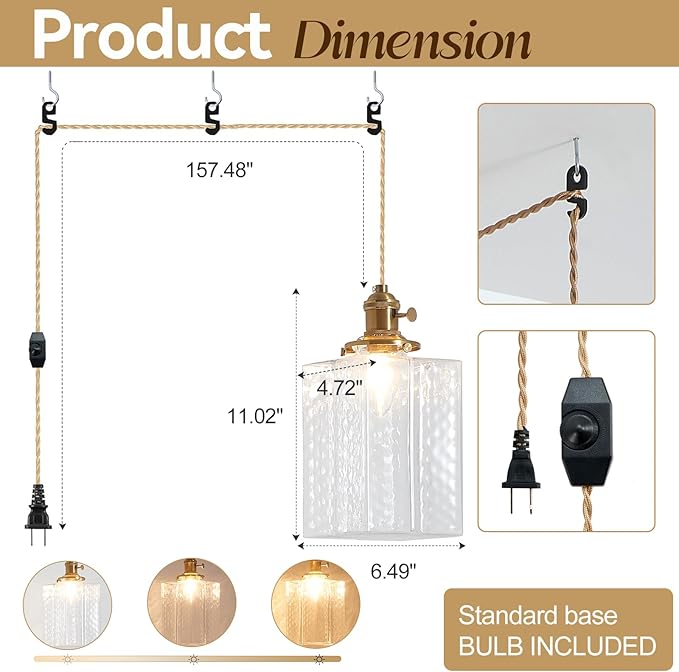 Hanging Lamp Plug in Golden Adjustable Light Cord Plug in Pendant Lights 6.5 Inch Glass Lampshade Hanging Pendant Light Hanging Light Fixture with Plug in Cord for Dining Room with Light Bulb