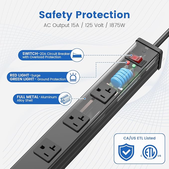 JUNNUJ Long 16 Outlet Power Strip Surge Protection 4800J, Wide Spaced Industrial Heavy Duty Outlets with 20Amp Switch, High Amp Extension Cord 6-20R T-Slot 15FT Black