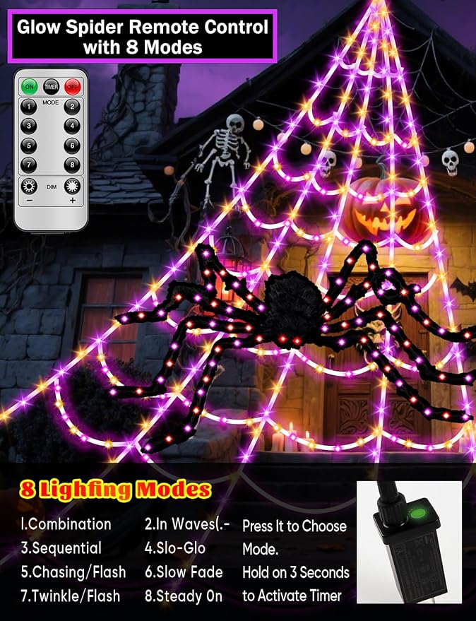 Spider Webs Halloween Decor Lights - 450 LEDs Outdoor Halloween String Lights with 60" Light Up Spider,8 Modes Remote Control 16.4Ft Spiderweb,Waterproof (New Orange-Purple Grid Luminous Net)
