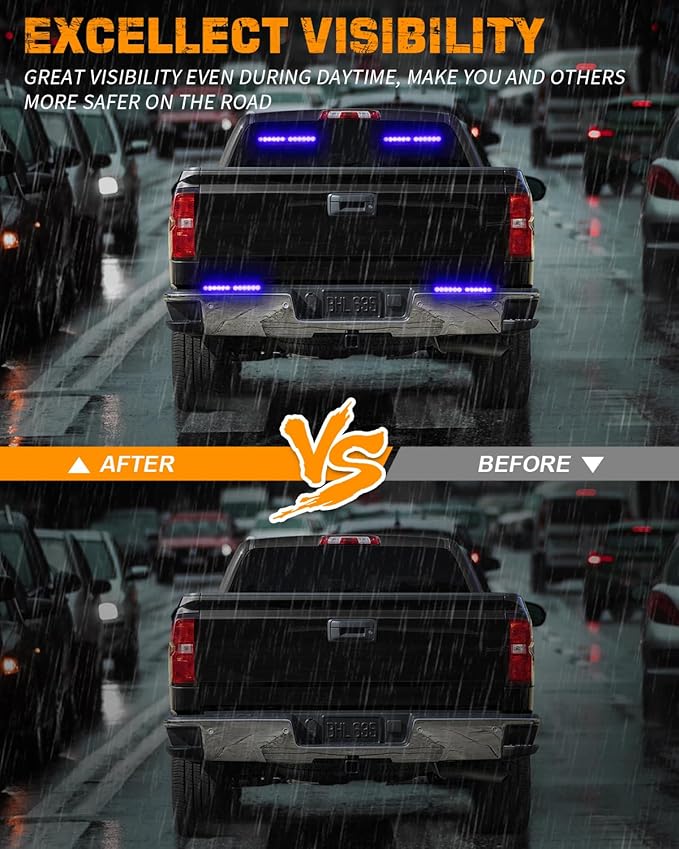 XRIDONSEN 2x 10.7 inch Blue Emergency Lights 24 LED Warning Flashing Safety Side Window Front/Rear Windshield Strobe Lights Grill Surface Mount for Police Firefighter POV Ambulance Vehicles Trucks Car