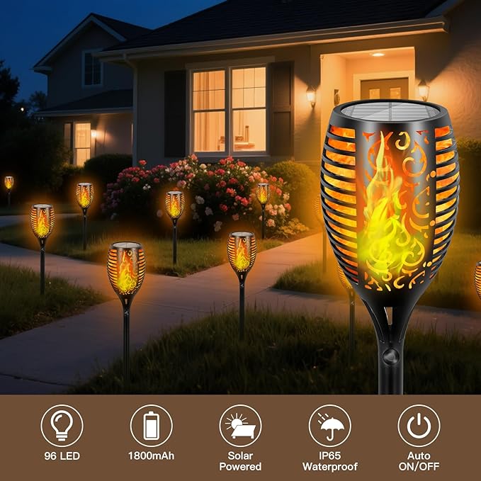 4 Pack Solar Lights Outdoor Larger 96 LED Solar Tiki Torches with Flickering Flame Upgraded Taller 43" Outdoor Lights Waterproof for Garden Patio Yard Pathway Outside Halloween Decorations