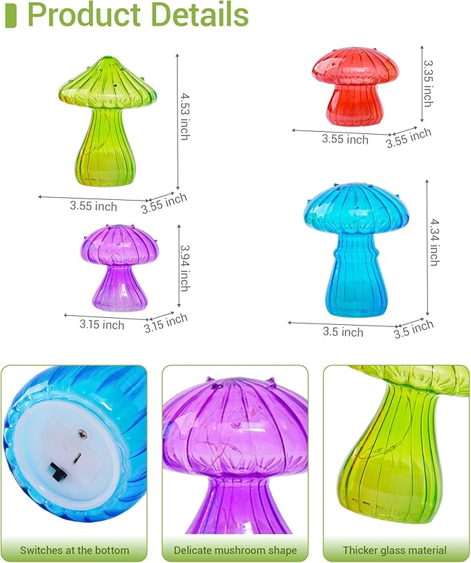 Nacome Glass Mushroom Table Lamp: Set of 4 Colored Small Cute LED Night Light Home Decor for Bedroom Desk - Birthday Gifts for Women