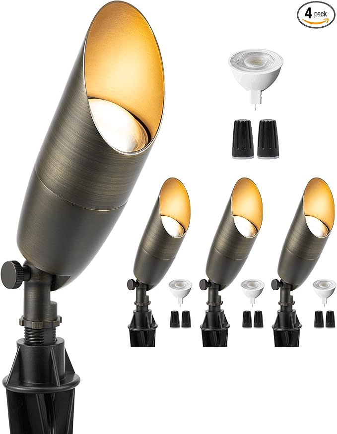 Gardenreet All Brass Landscape Lighting - LED Low Voltage Spotlights Outdoor, 12V Wired Uplights, Spot Lights Waterproof, Bronze for Outside Trees with 5W 4000K Natural White MR16 Bulb (4 Pack)