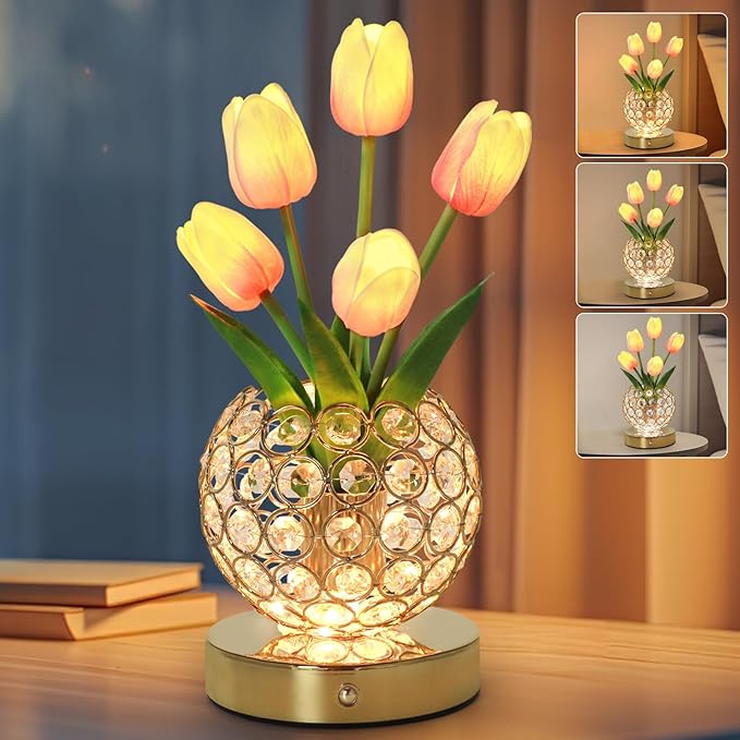 Tulip Table Lamp, Rechargeable Cordless Crystal Night Light, 3 Colors Touch Stepless Dimming Artificial Flower Light, LED Flower Bedside Lamp Romantic Gifts for Girl Women Mom (Tulip2 - Pink)