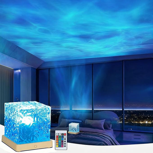 Ocean Wave Projector Light, 16-Color Changing Luminorthe Cube Lamp with 3D Rotating Dynamic Water Ripple Light, Northern Lights Projector Romantic Ambient Lighting for Bedroom Classroom