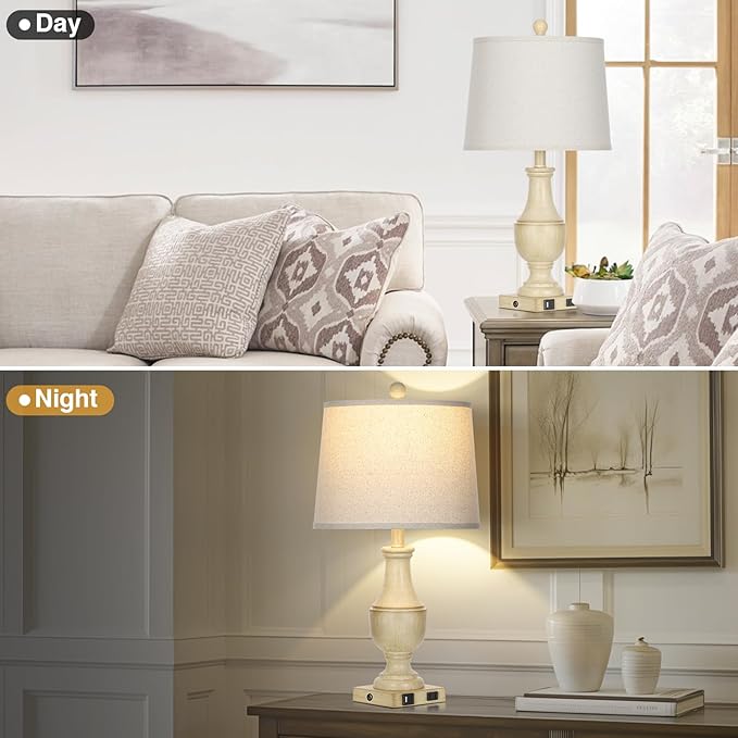 Farmhouse Vintage 3-Way Dimmable Table Lamp Set of 2 with USB A+C Charging Ports & AC Outlet, Rustic Mid Century Antique Traditional Bedside Lamps for Living Room Bedrooms Nightstand End Table White