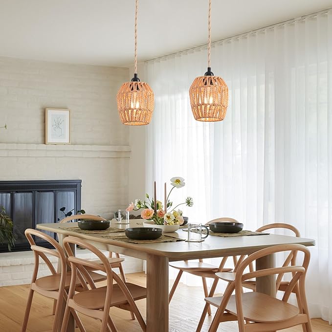 Plug in Pendant Light, Industrial Hanging Light with Plug in Cord Hemp Rope On/Off Switch Farmhouse, Vintage Pendant Light Fixture, Hanging Lamps for Dining Room